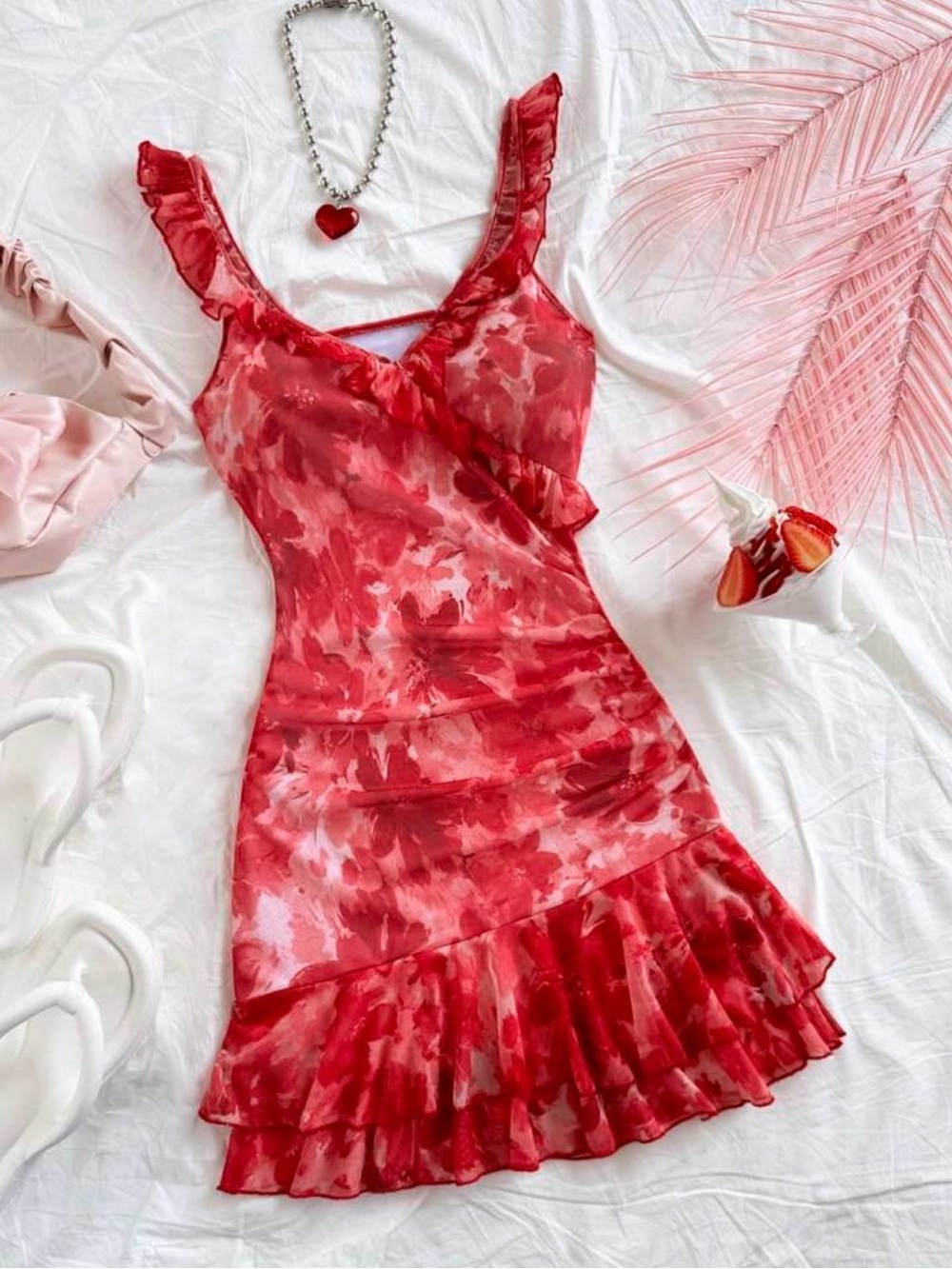 Red Ruffled Slip Dress - Feminine Summer Dress